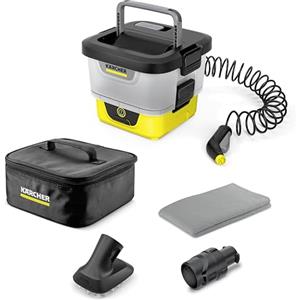 Kärcher Mobile Outdoor Cleaner OC 4 + Pet Kit, portata 2 l/min, peso: 3,1 kg, serbatoio acqua: 8 l, batteria agli ioni di litio, tubo a spirale, filtro dispositivo, ugello cono/piatto, asciugamano per