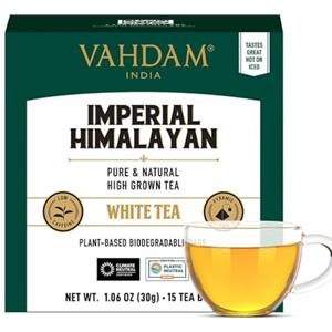 VAHDAM, Tè Bianco Imperial dall'Himalaya (15 Bustine) Raccolto a Mano da Giardini in Alta Quota | Basso Tenore di Caffeina | The Bianco in Foglie in Bustina Piramidale | Direttamente dall'India