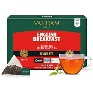 VAHDAM, Tè Nero English Breakfast (30 Bustine) | Tè Inglese Forte e Robusto | Alta Caffeina, Senza Glutine | Confezionato in India | Bustine di Tè Piramidali