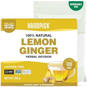 HANDPICK, Tè Allo Zenzero E Limone (100 bustine di tè) Senza Glutine, non OGM, Limone e Zenzero - Gusto Agrumato e Rinfrescante - Bustine Di Yè Rotonde Ecologiche - Direttamente Dalla Fonte