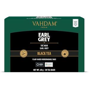 VAHDAM, Tè Nero Earl Grey (30 Bustine) The Nero in Foglie con Puro Olio di Bergamotto | Alto Tenore di Caffeina | In Bustine Piramidali per una Infusione Perfetta | Direttamente dall'India