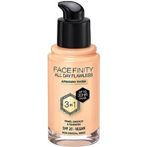 Max Factor Fondotinta Facefinity All Day Flawless - Correttore, Fondotinta liquido e primer viso 3-in-1, Formula vegan, Copertura modulabile, Tenuta fino a 30 ore, SPF20 - W33 Crystal Beige, 30 ml
