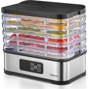 Yabano Essiccatore per Alimenti 250W con Timer Digitale e Controllo della Temperatura, 5 Vassoi, Senza BPA, Essiccatore Elettrico per Frutta, Verdura, Carne, Erbe e Snack per Cani