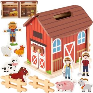 HERSITY Set Animali Fattoria in Legno Fienile Giocattolo, Casa Fattoria per Bambini può Essere Aperto e Chiuso, Giochi Educativo Regalo per Ragazzi Ragazze 3 4 5 Anni