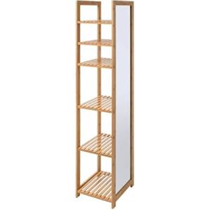 Avilia Scaffale a Colonna con Specchio per Bagno - Scaffale con 5 Mensole e Specchio per Camera, in Bambù, 35x35x168cm, Beige