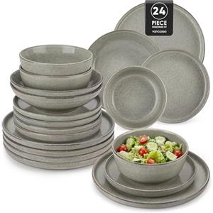 vancasso ANYA Servizio Piatti 24 Pezzi per 6 Persone, Set Piatti Moderni in Gres - 6 Piatti Piani, 6 Piatti Dessert, 6 Ciotole per Pasta e 6 Ciotole Cereali - Smalto Reattivo Marrone