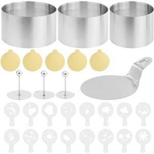 REBECCAGIBSON 3 pezzi anelli da dessert in acciaio inox, coppapasta tondi, anelli per torte, con 5 basi di mousse, 1 piastra a pressione mousse, 16 stencil con motivi, per torta mousse, biscotti, palline di riso