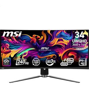 MSI MPG 341CQPX QD-OLED Monitor Curvo Gaming 34" (UWQHD) - Pannello QD-OLED 3440 x 1440 (21:9), 240Hz / 0,03ms, 99,3% DCI-P3, ΔE≤2, DisplayHDR True Black 400, DP 1.4a, HDMI, USB Type-C (PD: 98W)