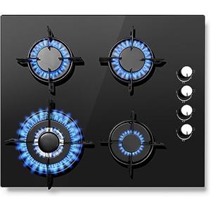 SNDOAS Piano cottura 4 fuochi Gas, Piano Cottura a Gas incassato da 60cm con 4 Fuochi e Vetro Temperato Nero, 8000W, Gas naturale/Propano
