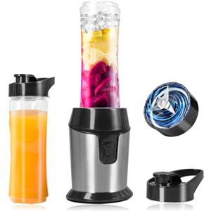 Carehabi Frullatore Portatile Carehabi, Mini Frullatore e Smoothie Blender con 2 Bottiglie da 600ml (Senza BPA), Motore in Acciaio Inox 300W & 4 Lame per Frullati, Smoothies, Ghiaccio - Argento