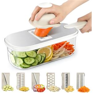 KUOFANY Mandolina per Verdure Professionale,Taglia Regolabile,Affetta Verdure Manuale,Taglia Verdure Manuale,Affetta Patate,Tagliaverdure in Acciaio Inox,Mandolina Regolabile con 6 Lame e Contenitore