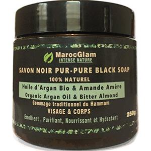 MAROC GLAM Sapone nero marocchino 250 g, con olio di argan biologico ed estratti di mandorle amare, 100% naturale, esfoliazione tradizionale antirughe con sapone nero naturale per pelli sublimi, MAROC GLAM