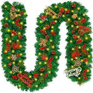 VIPNAJI Ghirlanda Natalizia con Luci,2.7M LED Ghirlanda Natalizia per Porta Scale Camino Albero Di Natale Esterno Decorazioni,Festone Natalizio Rami Natalizi Decorazioni Natalizie per la Casa Interno