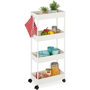 Relaxdays Rolling Cart rotelle, 4 Ripiani, Altezza x Larghezza x profondità: 93 x 40 x 22 cm, 4 Ruote, per Bagno e Cucina, Carrello portaoggetti Sottile, Bianco, 20% Acciaio Inox