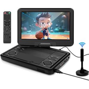 KCR Lettore DVD portatile da 10,1 pollici TV incorporata DVB-T2 con schermo LED girevole e/USB/HDMI/AV, batteria ricaricabile e doppio altoparlante stereo, piccola TV per bambini in auto da viaggio