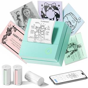 TYPONOS PM290 Mini Stampante Termica, Etichettatrice Bluetooth Portatile con 3 Rotoli di Carta Adesiva, Mini Stampante Fotografica per Note, Diario,Elenco, Ideale per Imparare, Foto, Regali, verde