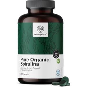 HealthyWorld® BIO Spirulina 500 mg - 600 Compresse - 100% Ingredienti Naturali - 4000 mg per Dose Giornaliera - Non OGM - Per oltre 2 Mesi - Controllo del Peso Corporeo