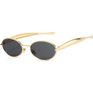 YAMEIZE Retro in Metallo Ovale Occhiali da Sole per - Donna Uomo Oro Metal Cornice Piccola rotonda Shades UV400 Protezione Occhiali di guida all'aperto (Oro Nero)