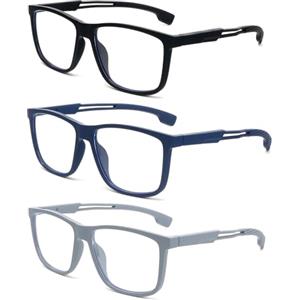 KoKoBin Occhiali da lettura alla moda per uomini e donne, ultra leggeri e flessibili con lettori anti luce blu e cerniera a molla (3 Pack（Nero, Blu, Grigio）, 3.5, Diottria)