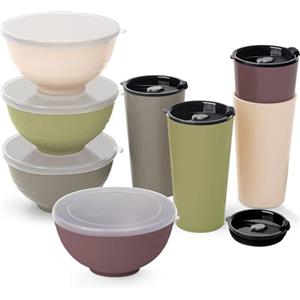 Greentainer Set di 4 ciotole e tazze infrangibili per cereali, con coperchi, ciotola leggera in plastica e tazza, lavabili in lavastoviglie e adatti al microonde, stoviglie da campeggio, servizio per