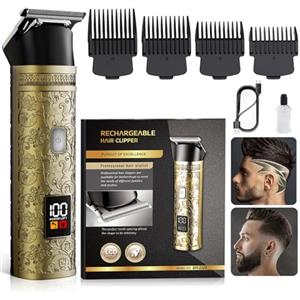 XkuiHF Tagliacapelli Professionale Uomo - Rasoio Elettrico 0mm con Lama T in Oro, Display LCD e Ricarica Rapida USB, 4 Testine per Barba/Corpo/Capelli (Precisione Contorno, Impermeabile IPX7)