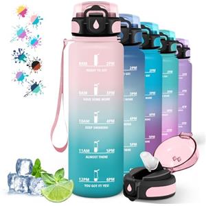 Grsta Borraccia 1 Litro, Bottiglie Palestra Senza Perdite, Borraccia Motivazionale con Scala Temporale, Borracce con Cannuccia, Facile da Pulire, Borracce per Sport, Escursionismo, Ciclismo, Rosa-Verde