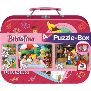 Schmidt - Bibi & Tina Puzzle Box, Valigetta di Metallo, 2 x 100 Pezzi/2 x 150 Pezzi