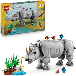 LEGO Creator 3 in 1 Animali Selvatici: Maestoso Rinoceronte con Uccelli Giocattolo - Set con Animale Trasformabile in Ippopotamo o Tricheco - Regalo Creativo per Bambine e Bambini da 9 Anni - 31171