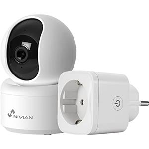 NIVIAN - Telecamera Dome WiFi 360º 2K | Visione Notturna 10m | Audio Bidirezionale | Rilevamento Umano e Tracciamento | Compatibile Alexa e Google Home | Tuya App, Fotocamera + Spina, Plastica