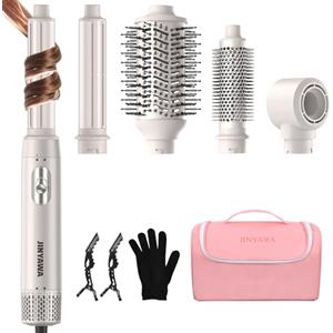 JINYAWA 5 in 1 Airstyler con Borsa, Spazzola Asciugacapelli Professionale, 3 Temperature, Phon con Spazzola Elettrica, Ferro Arricciacapelli Automatico - Ideale per Viaggi e Casa