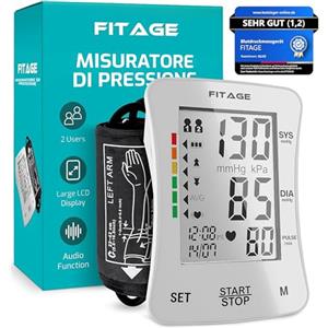 FITAGE Misuratore di Pressione e Battito da Braccio con Memoria e Controllo Cuffia, per Circonferenze da 22 a 42 cm