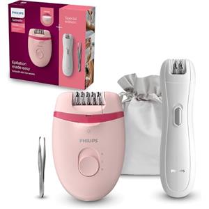 Philips Epilator Series 4000, epilatore compatto con filo, con 2 impostazioni di velocità, Opti-light e testina lavabile, mini epilatore e pinzette, modello BRP531/00