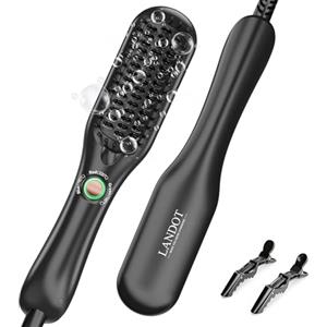 LANDOT Mini spazzola lisciante per capelli: piccola piastra lisciante e spazzola per capelli corti medi, rivestimento in ceramica agli ioni per risultati lisci, lucidi e senza crespo