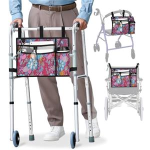 supregear Borsa per Sedia a Rotelle con Portabicchieri, Borsa per Girello Resistente All'acqua Cestino Accessori per Camminatore Pieghevole per Sedie a Rotelle, Deambulatori, Scooter, Floreale Viola