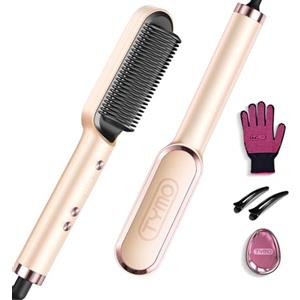 TYMO Spazzola Lisciante per Capelli, TYMO RING Piastra Capelli, Pettine Riscaldante Lisciante, 5 Temperature, 130°C-210°C, Tecnologia Ceramica PTC, Riscaldamento Rapido, Anti-Scottatura, Pesca