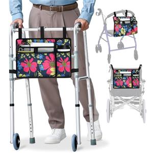 supregear Borsa per Sedia a Rotelle con Portabicchieri, Borsa per Girello Resistente All'acqua Cestino Accessori per Camminatore Pieghevole per Sedie a Rotelle, Deambulatori, Scooter (Floreale Blu)