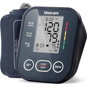 Sinocare Misuratore Pressione da Braccio, Macchinetta Pressione Digitale Sfigmomanometro Professionale con Funzione di Avviso dei Rischi e Bracciale Grande(22-42cm) per Monitoraggio Familiare