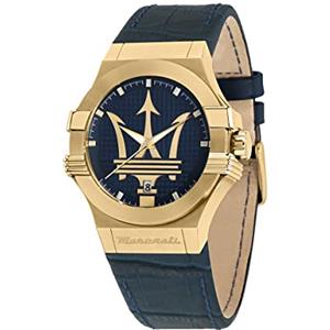 Maserati Orologio Uomo, Collezione POTENZA, al Quarzo, Tempo e data, in Acciaio, PVD Oro, Pelle naturale - R8851108035