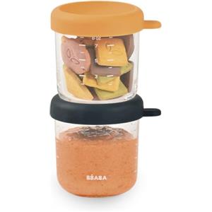 BÉABA - Set di 2 Contenitori Pappa, Vasetti in Vetro per la Conservazione, Porzioni Freezer Svezzamento, Neonati e Bambini, Scala Graduata Misurazione, Termoresistente, 250 ml, Blu notte/Miele