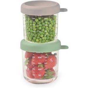 BÉABA - Set di 2 Contenitori Pappa, Vasetti in Vetro per la Conservazione, Porzioni Freezer Svezzamento, Neonati e Bambini, Scala Graduata Misurazione, Termoresistente, 250 ml, Verde salvia/Gazzella