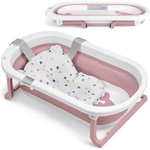 Kikka Boo KikkaBoo Vaschetta Bagnetto Neonato Pieghevole WILLY, Salvaspazio con Termometro Integrato, Cuscino Morbido di Supporto, Gambe Antiscivolo, 0-36 Mesi, Regalo Nascita Bambino, Rosa