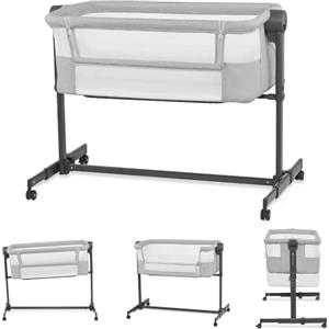 kk Kinderkraft NESTE UP2 Culla da affiancare, Lettino Co-Sleeping, 5 livelli di regolazione dell'altezza, 4 ruote per poterlo, Facile da Montare, Accessori materasso, Morbido materiale, Grigio