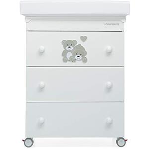 Foppapedretti Bagnetto Fasciatoio Tenerorso, Legno, Made in Italy, 3 Cassetti, Piano Fasciatoio Ribaltabile, Vaschetta Anatomica Estraibile, 4 ruote, Materassino Incluso, 69x47x89 cm, Bianco