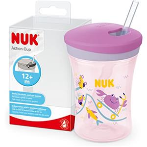 NUK Action Cup bicchiere con cannuccia per bambini | 12+ mesi | Coperchio con chiusura ad avvitamento e cannuccia morbida | A prova di perdite | Senza BPA | 230ml | ganchio viola