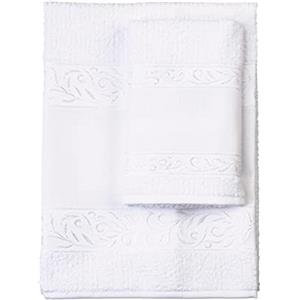 Filet - Set 2 Asciugamani da bagno in spugna con inserto in tela aida da ricamare | 60x105cm e 40x55cm | Viso e Ospite | Spugna di alta qualità | Made in Italy |Bianco