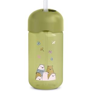 Suavinex, Tazza didattica per bambini con cannuccia in silicone morbida e flessibile, antigoccia e antimacchia, lavabile in lavastoviglie, con tappo, 340 ml, bimbi +18 mesi, My Family Verde