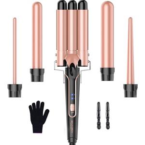 BESTOPE PRO Set Ferro Onda 5 in 1 - Include 3 cilindri in ceramica per creare grandi onde, inclusa regolazione della temperatura, riscaldamento rapido e guanto, 2 clip, oro rosa