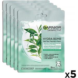 Garnier SkinActive, Maschera in tessuto super-idratante e opacizzante Hydra Bomb, Per pelli miste o grasse, Tè verde, Confezione da 5