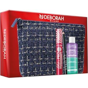 Deborah Milano - Set Make Up Occhi con Pochette N. 05, Idea Regalo Donna con Mascara Like a PRO, Matita Nera 24 Ore e Struccante Bifasico Dermolab 50ml, Pochette in Tessuto Tweed Blue Navy