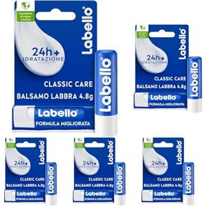 Labello Classic Care Balsamo Labbra 4.8 g, Burrocacao labbra classico fondente sulle labbra, Lip balm con burro di karité idratante fino a 24 ore, Senza oli minerali e paraffine (Confezione da 5)